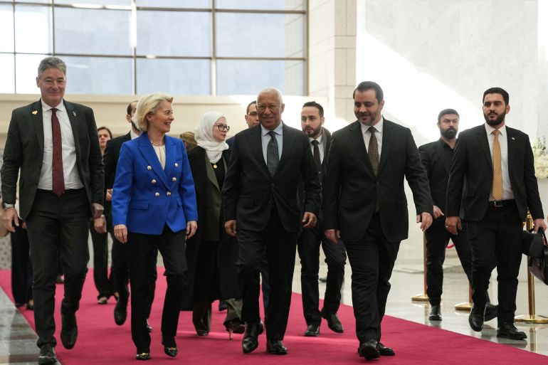 Syrian Minister of Foreign Affairs and Expatriates Asaad Al-Shaibani (4th L) receives European Council President Antonio Costa (3rdL) and European Commission President Ursula von der Leyen, during an official visit to the People's Palace in the Syrian capital Damascus on January 9, 2026.