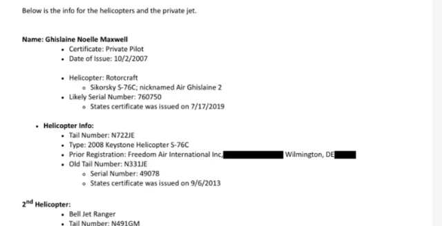 وثيقة تظهر رسالة بريداً إلكترونياً، يطلب من خلالها عميل في المباحث الفيدرالية، معلومات عن الطائرات التي تمتلكها ماكسويل