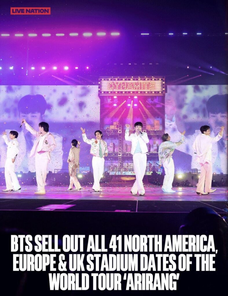 تؤكد Live Nation أن BTS قد باعوا جميع تواريخ ملاعب أمريكا الشمالية وأوروبا والمملكة المتحدة الـ 41 لجولتهم العالمية "ARIRANG"