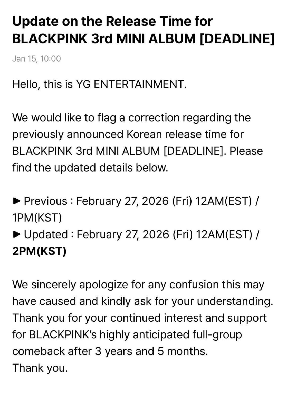 260115 تحديث بشأن وقت الإصدار لألبوم BLACKPINK الثالث MINI [DEADLINE]