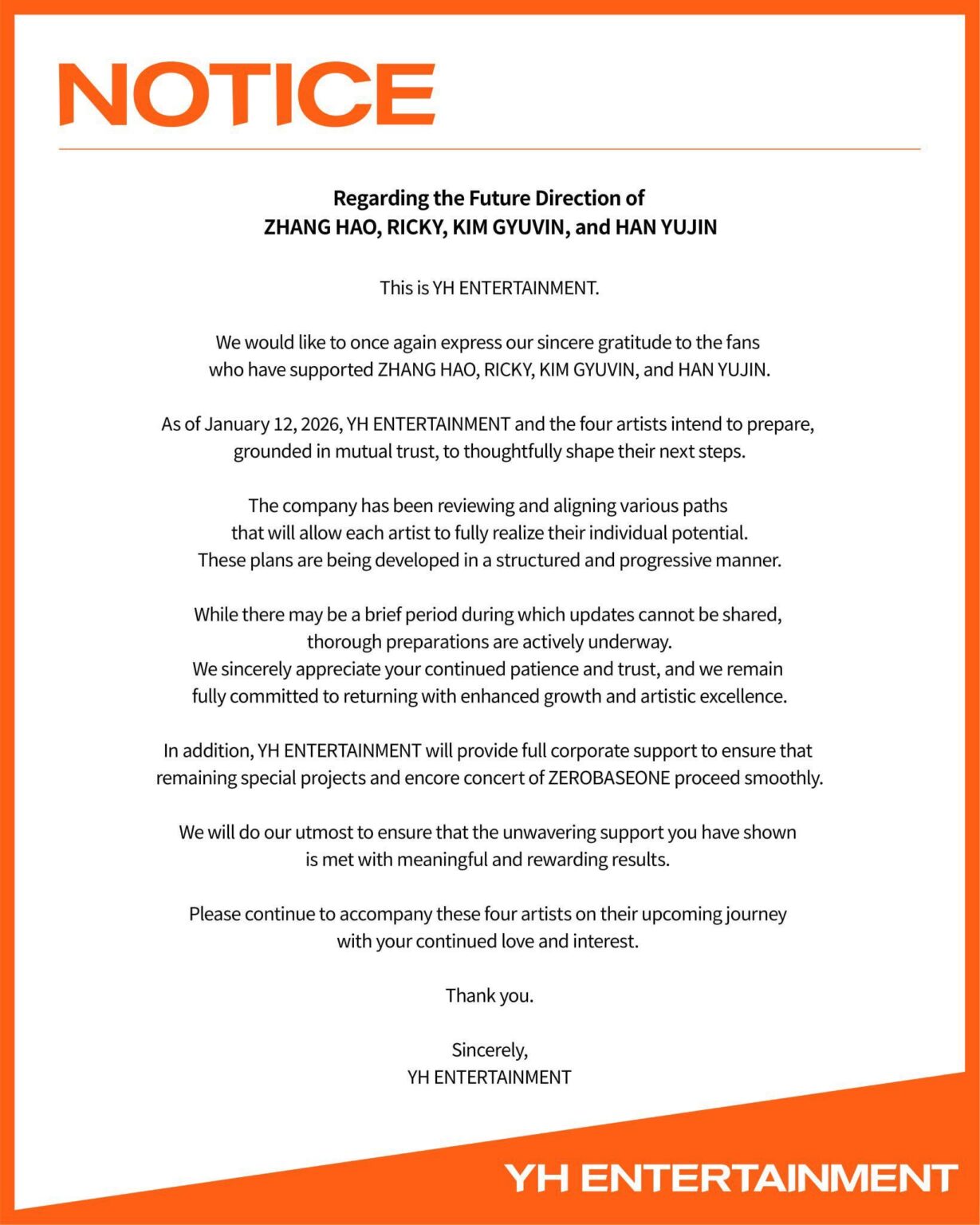 تنشر YH Entertainment (Yuehua Entertainment) إشعار النشاط المستقبلي لـ ZEROBASEONE Zhang Hao وRicky وKim Gyuvin وHan Yujin