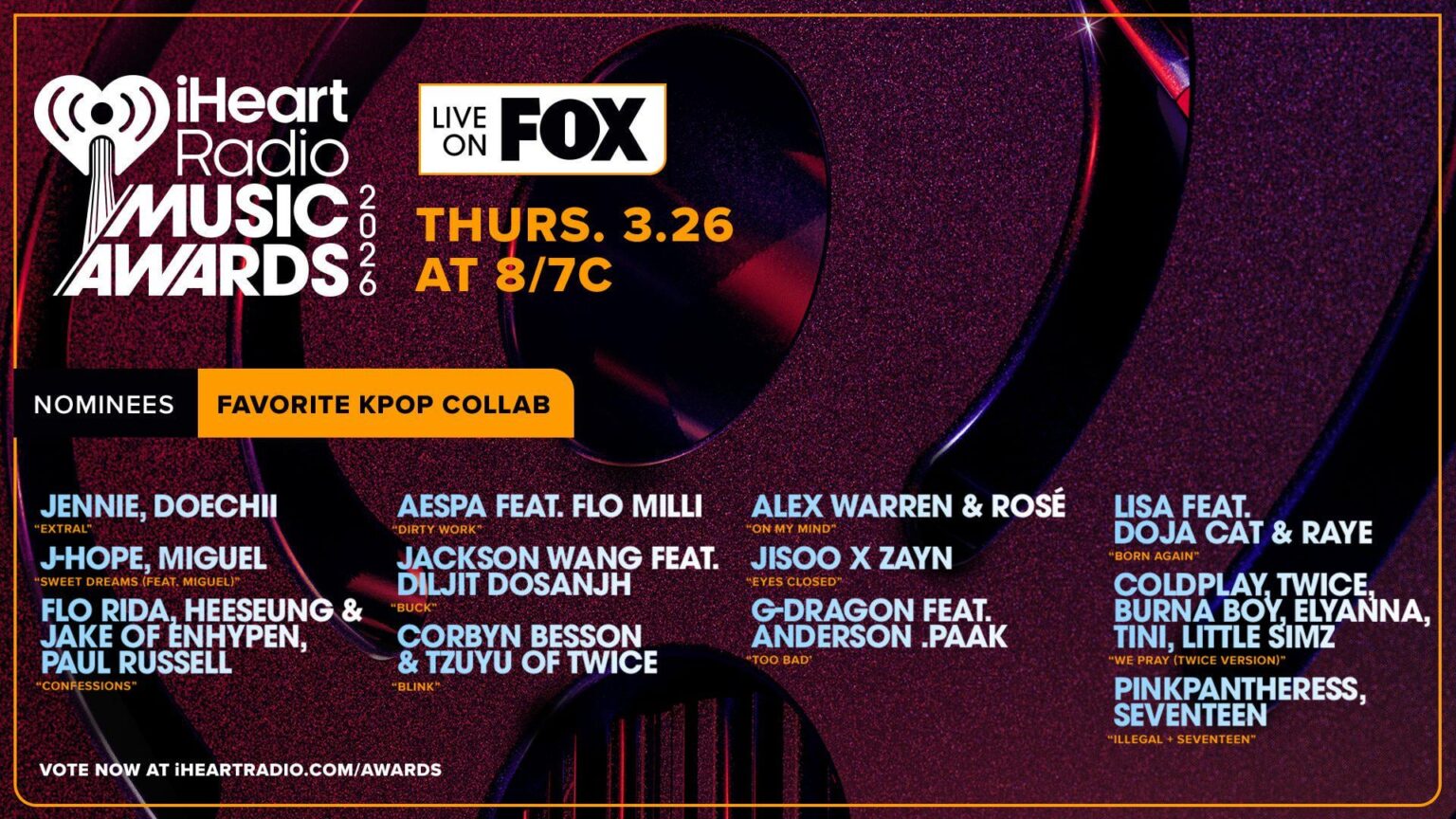 260108 تحديث تويتر iHeartRadio - تم ترشيح TWICE وTZUYU في فئة "تعاون الكيبوب المفضل" في حفل توزيع جوائز iHeart Radio Music Awards 2026 لأغنيتي "We Pray" و"BLINK" على التوالي.