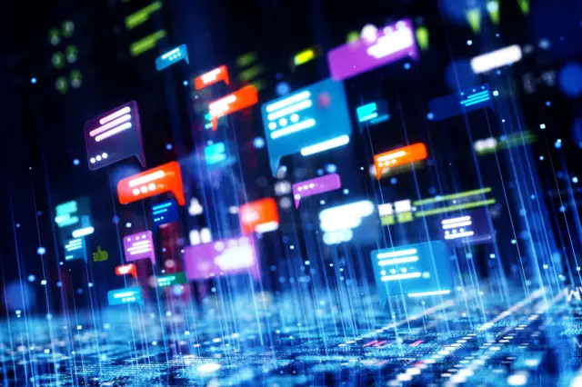 صورة رقمية مولدة لأيقونات دردشة الذكاء الاصطناعي المجردة على سطح رقمي