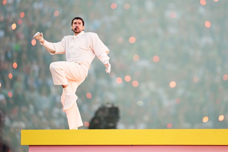 Feb 8, 2026; Santa Clara, CA, USA; Bad Bunny performs during the half time show at the game between New England Patriots and Seattle Seahawks in Super Bowl LX at Levi's Stadium. Mandatory Credit: Cary Edmondson-Imagn Images