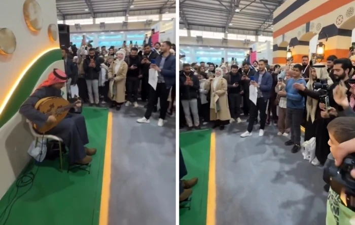 صحيفة المرصد - في جناح المملكة داخل معرض الكتاب بدمشق .. بالفيديو: سعودي يعزف وسوريون يغنون «يلعن روحك يا حافظ»