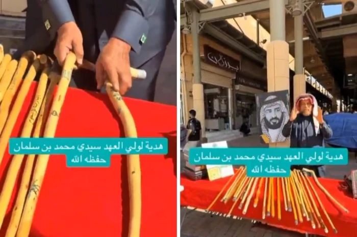 صحيفة المرصد - "مطعمة بأحجار الفيروز والذهب والعقيق".. بالفيديو .. صاحب بسطة سبح في سوق الزل بالرياض يهدي 26 عصى بـ21 مليون ريال لولي العهد