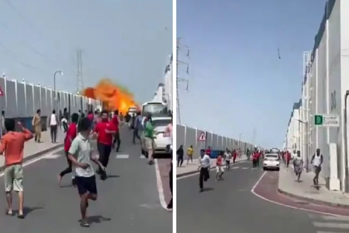 صحيفة المرصد - ‏بالفيديو: لحظة سقوط الصاروخ الإيراني الذي تم اعتراضه في قطر وهروب العمالة للاحتماء