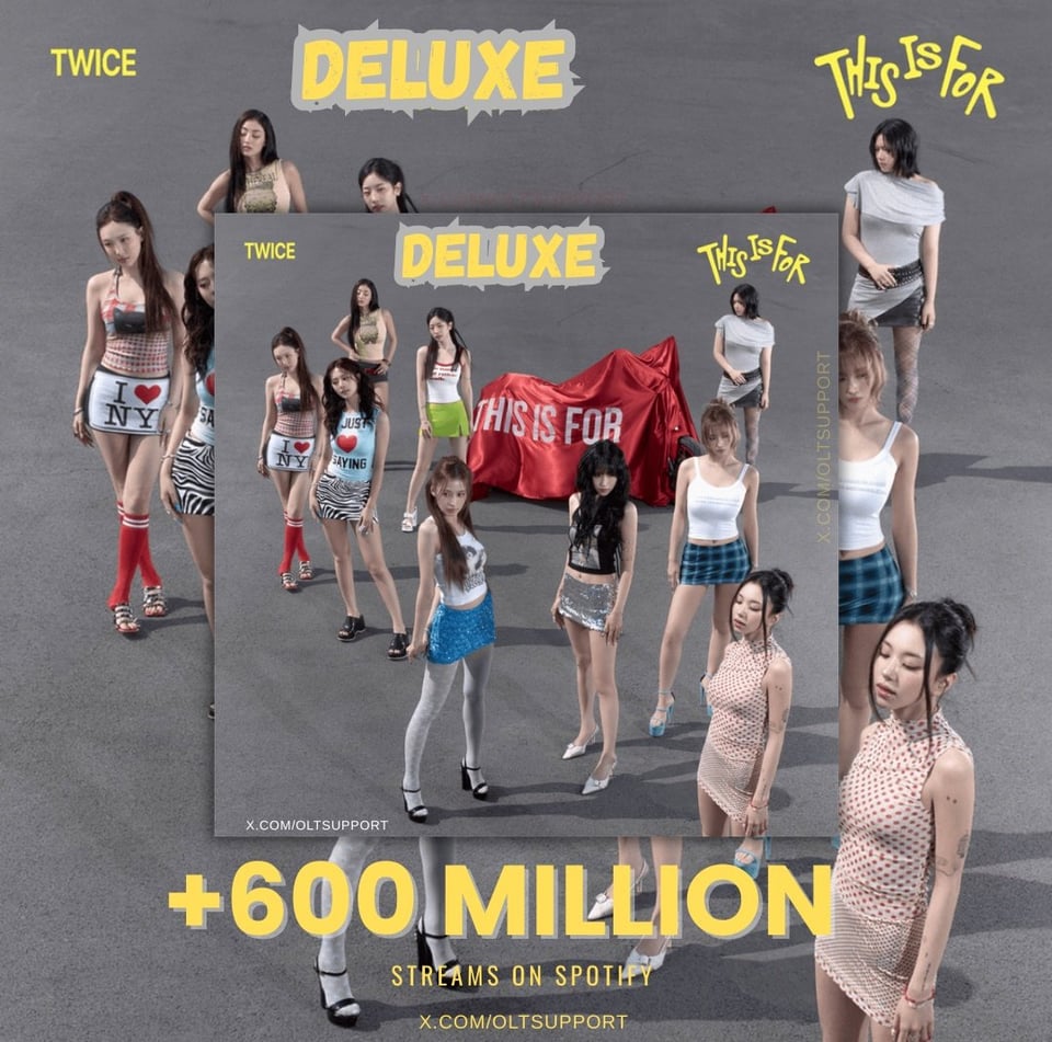 260223 تحديث OLTSupport Twitter - تجاوزت أغنية "THIS IS FOR (DELUXE)" 600 مليون استماع على Spotify! كانت TWICE أيضًا أكثر فرقة Kpop Girl Group بثًا في 22 فبراير، والآن لمدة 163 يومًا على التوالي على المنصة. أغنية "BLINK" لكوربين مع TZUYU تجاوزت 20 مليون على Spotify.