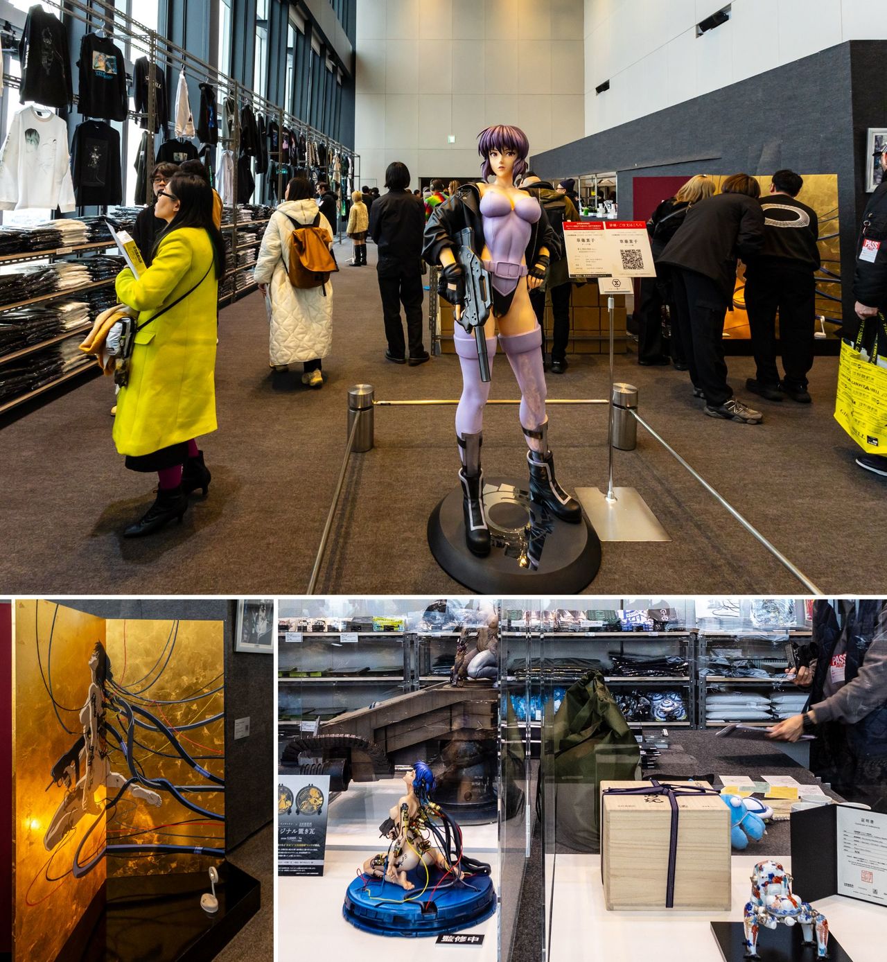 هناك أكثر من 80 تعاونًا مع فنانين وعلامات تجارية من اليابان وخارجها. ويبلغ سعر تمثال كوساناغي موتوكو بالحجم الطبيعي (1:1) الذي تم الكشف عنه في المعرض (في الصورة العلوية) 1,32 مليون ين ياباني، مع إصدارات محدود من 50 وحدة يتم تصنيعها حسب الطلب. (© Nippon.com)