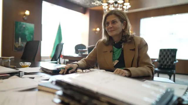 هند قبوات في مكتبها، ترفع نظرها عن ملف أوراق على مكتبها. شعرها بني مسترسل على كتفيها، وترتدي معطفاً بُنياً فاتحاً فوق فستان منقوش باللون الأخضر والأسود والأبيض. تظهر في الخلفية كراسي جلدية وعَلم سوريا وثُريا.