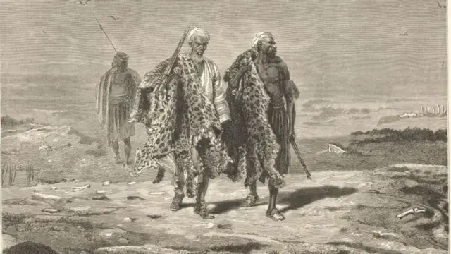 رسم لرجلين يتوجهان إلى السوق في بغداد لبيع جلد النمر في لوحة من القرن التاسع عشر