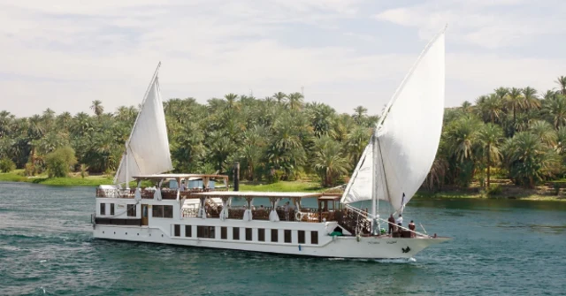 صورة لمركب شراعية خشبية تقليدية، في نهر النيل مكونة من طابقين وأمامها أشجار كثيفة ونخيل.