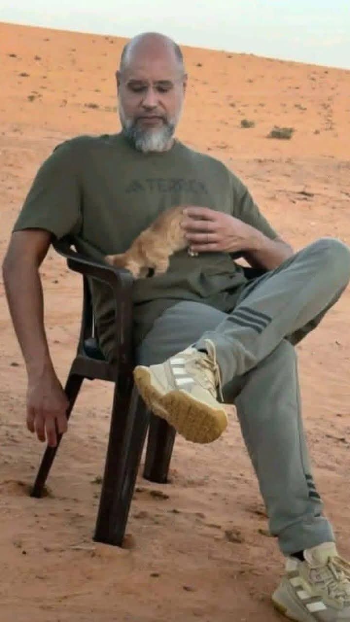 سيف الاسلام وقطته في الصحراء الليبية
