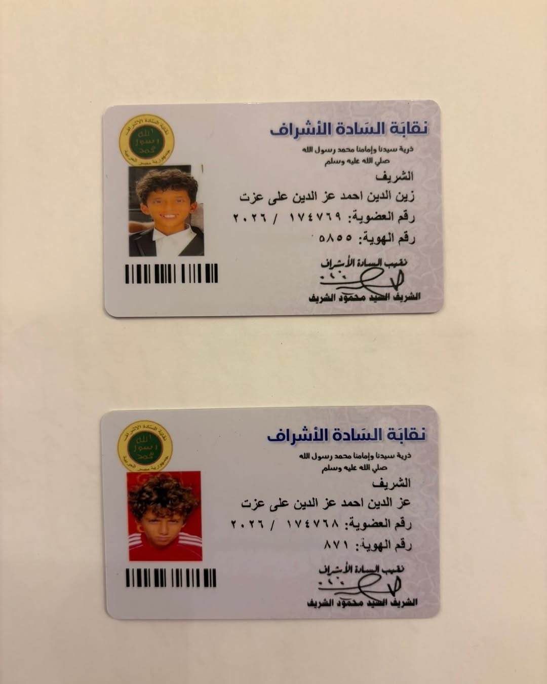 بطاقتا انتساب ولدي الممثلة زينة إلى نسل الرسول محمد (إنستغرام).