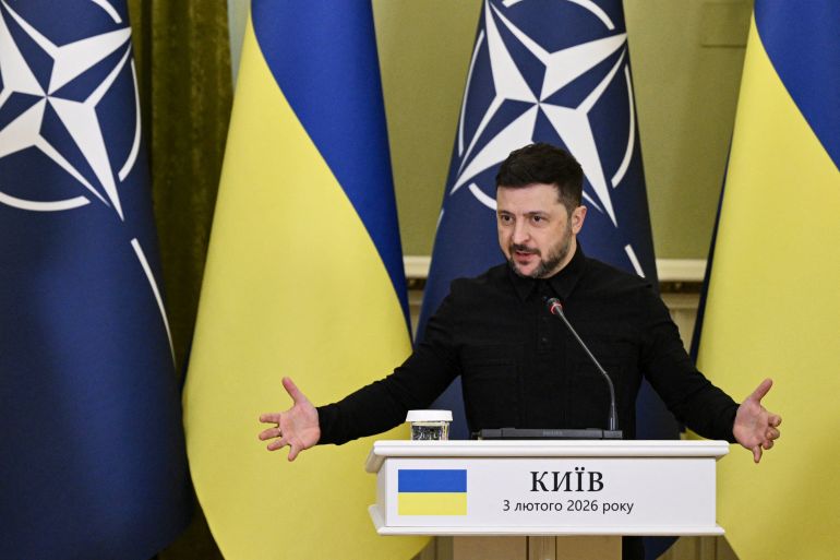 Ukraine's President Volodymyr Zelensky gestures as he delivers a press conference with Secretary General of NATO following their meeting in Kyiv on February 3, 2026, amid the Russian invasion in Ukraine. (Photo by Genya SAVILOV / AFP)