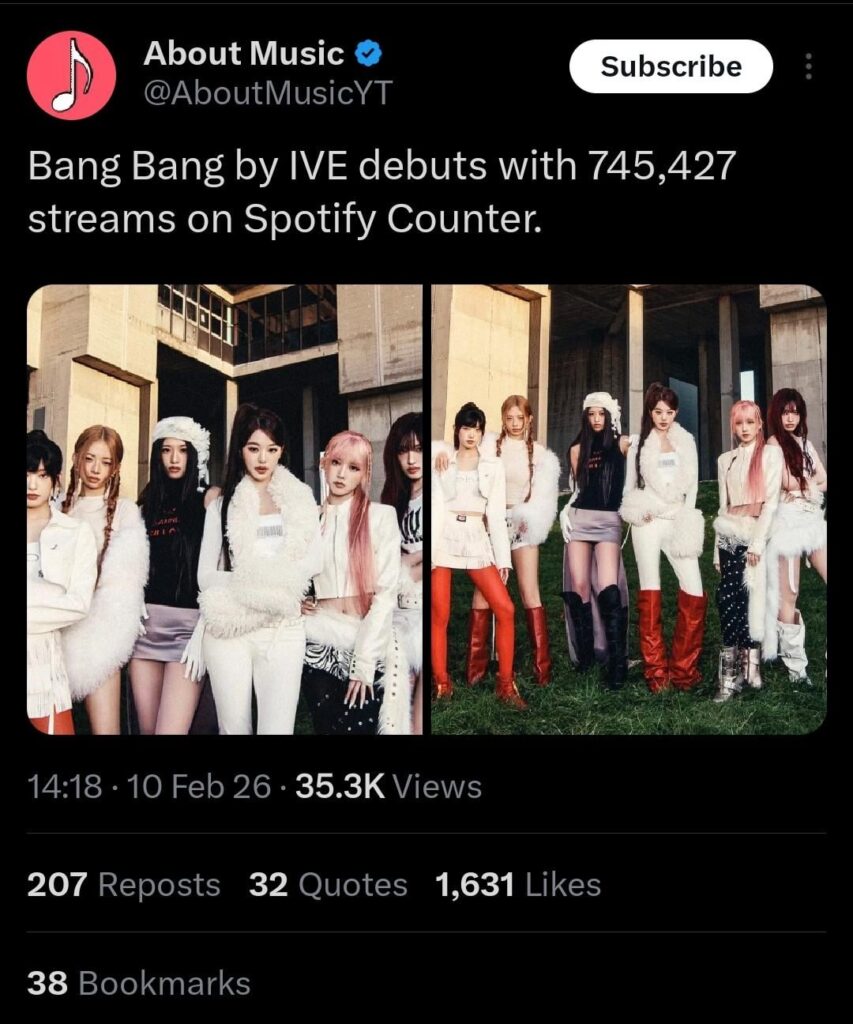 260211 ظهور IVE BANG BANG لأول مرة مع 745,427 استماعًا على Spotify Counter