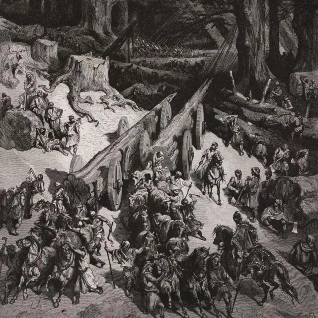 لوحة من أواخر القرن التاسع عشر تجسّد نقل جذع شجرة أرز
خيول وفرسان تجرّ عربة عليها جذع ضخم إلى جانب شجرة مقطوعة من أسفلها. في الصورة فارس على حصانه وفلاحون يجلسون على قطعة من جذع الشجرة