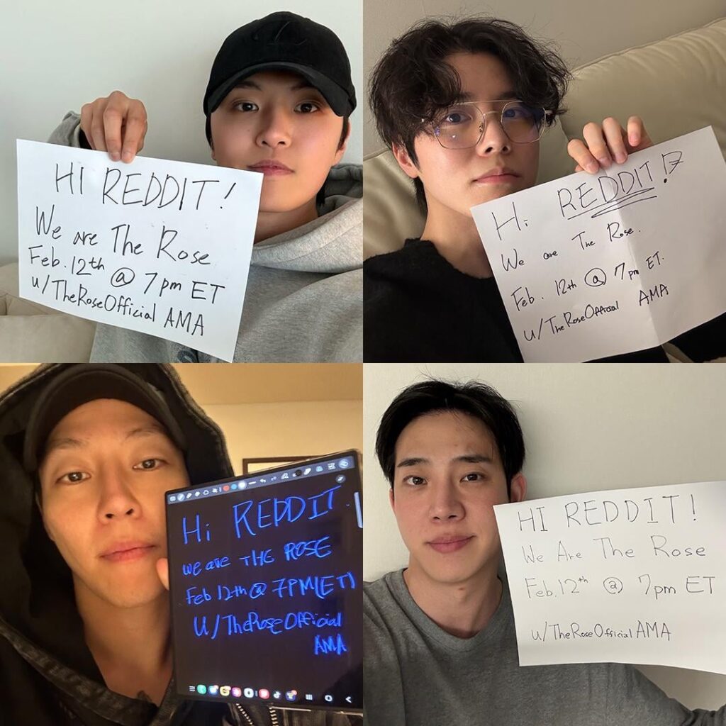 THE ROSE - هؤلاء هم Woosung وDojoon وHjoon وTaegyeom من فرقة The Rose. سنعقد جلسة AMA حول r/music في 12 فبراير في تمام الساعة 7 مساءً بالتوقيت الشرقي/ 9 صباحًا بتوقيت كوريا الجنوبية.