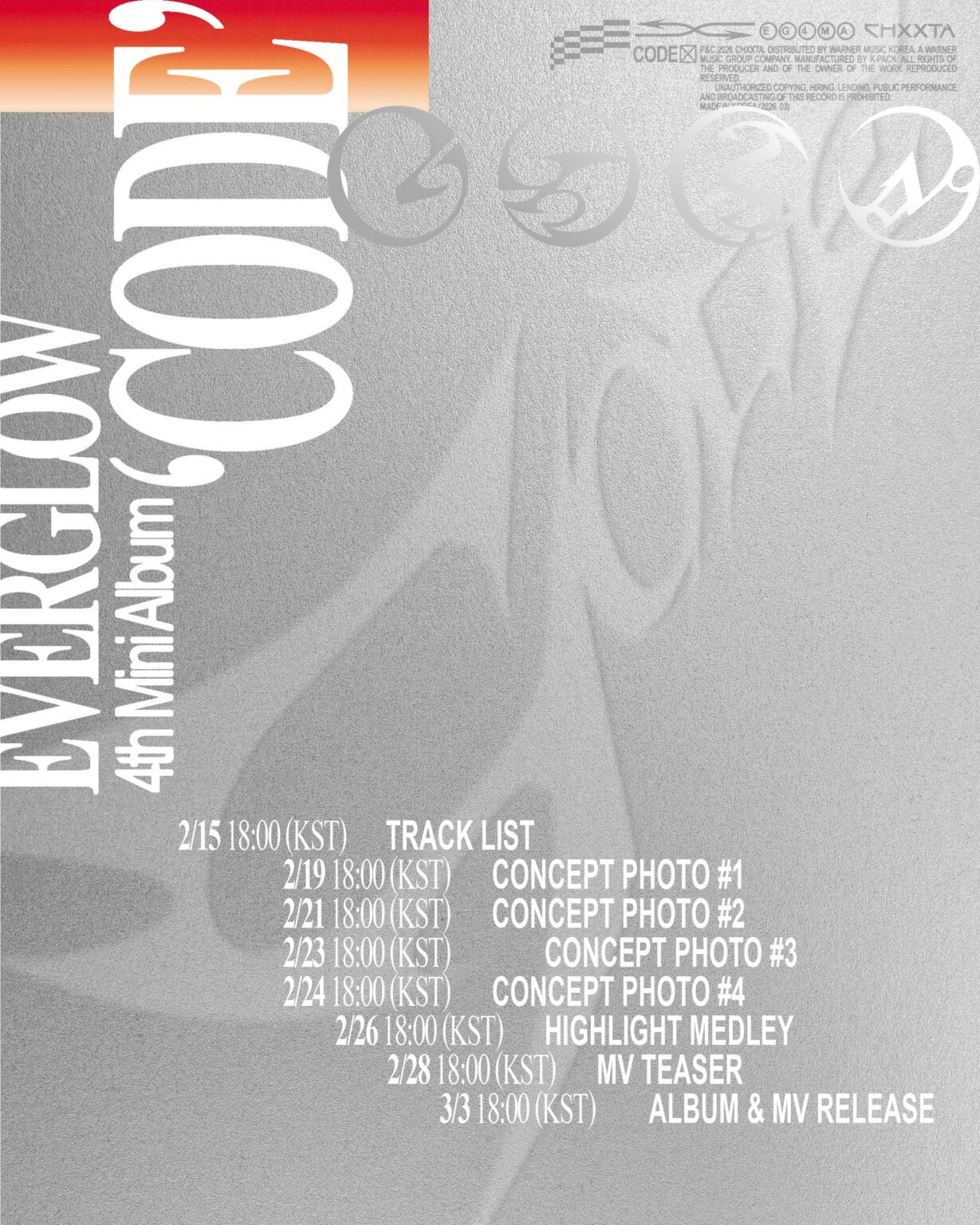 EVERGLOW - الألبوم المصغر الرابع: CODE (جدول الإصدار)