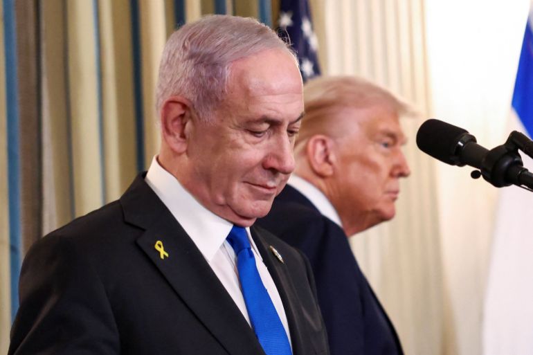 U.S. President Donald Trump and Israeli Prime Minister Benjamin Netanyahu hold a joint press conference in the State Dining Room at the White House, in Washington, D.C., U.S., September 29, 2025. REUTERS/Kevin Lamarque