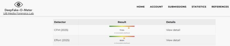 أداة تحقق من الصور المولدة بالذكاء الاصطناعي تشكك في صحة صورة القذافي (المصدر: ديب فيك أو ميتر)