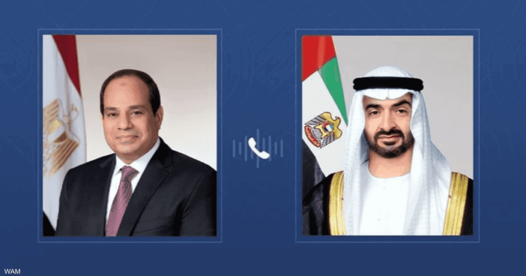 محمد بن زايد والسيسي يبحثان هاتفيا تطورات الأوضاع في المنطقة