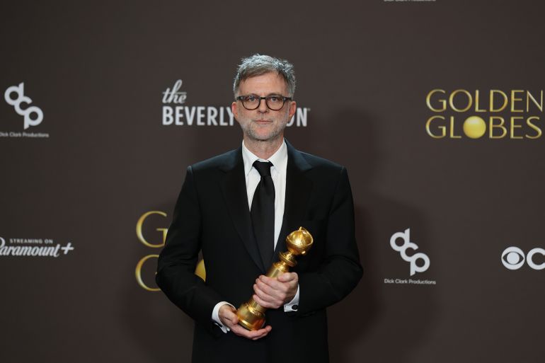 Beverly Hills, CA January 11, 2026 Paul Thomas Anderson holds his Award for Best Motion Picture - Musical or Comedy for "One Battle After Another" at the 2026 Golden Globes (83rd Annual Ceremony) held at the Beverly Hilton in Beverly Hills, CA on Sunday, January 11, 2026. (Allen J. Schaben/Los Angeles Times via Getty Images)