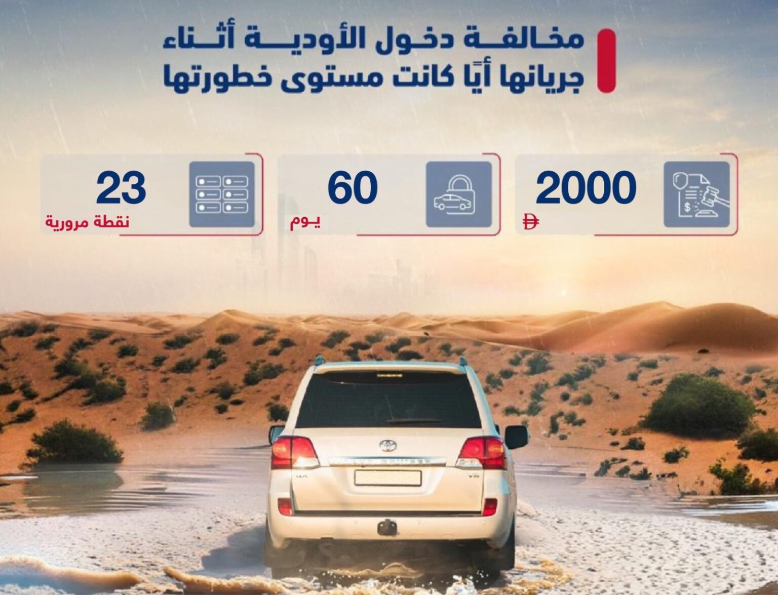 2000 درهم غرامة وحجز المركبة 60 يوماً مخالفة دخول الأودية أثناء جريانها 2000 درهم غرامة وحجز المركبة 60 يوماً مخالفة دخول الأودية أثناء جريانها