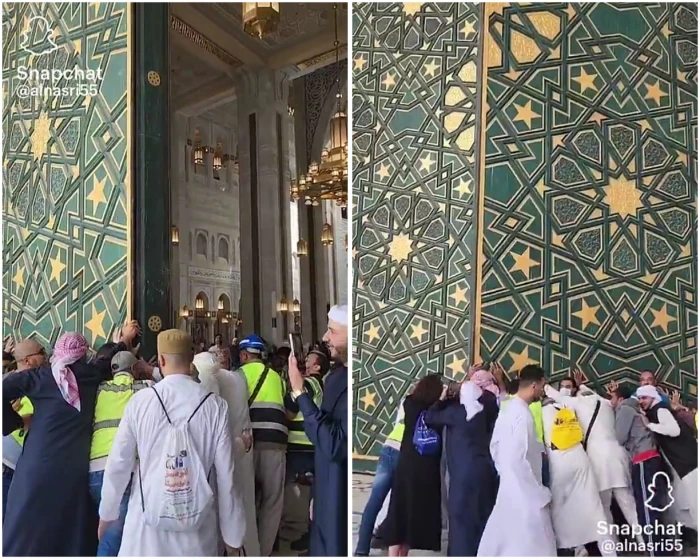 صحيفة المرصد - بالفيديو: أكثر من 30 شخصا يحاولون إغلاق باب الملك عبد الله في الحرم!