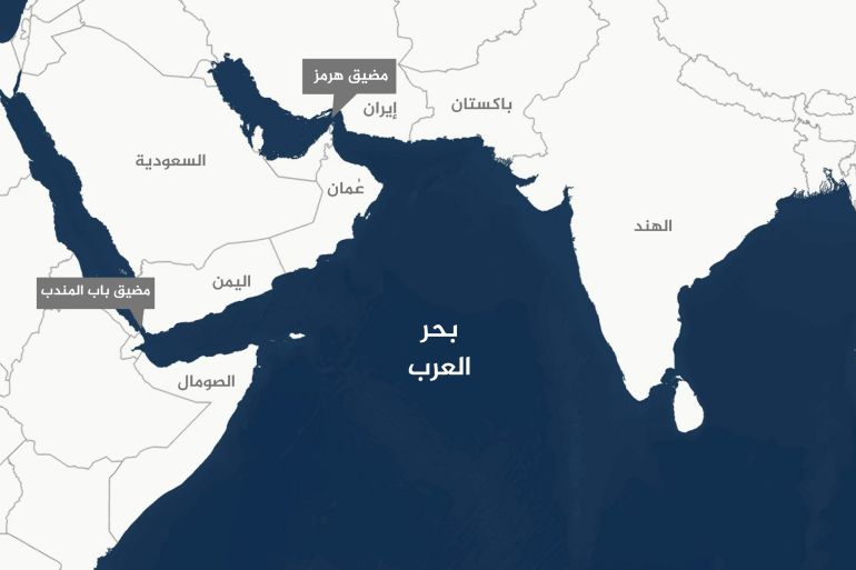 خريطة توضح بحر العرب والدول المطلة عليه (الهند - باكستان - سلطنة عمان - الصومال- إيران) إضافة إلى توضيح خليج عدن ومضيق هرمز ومضيق باب المندب