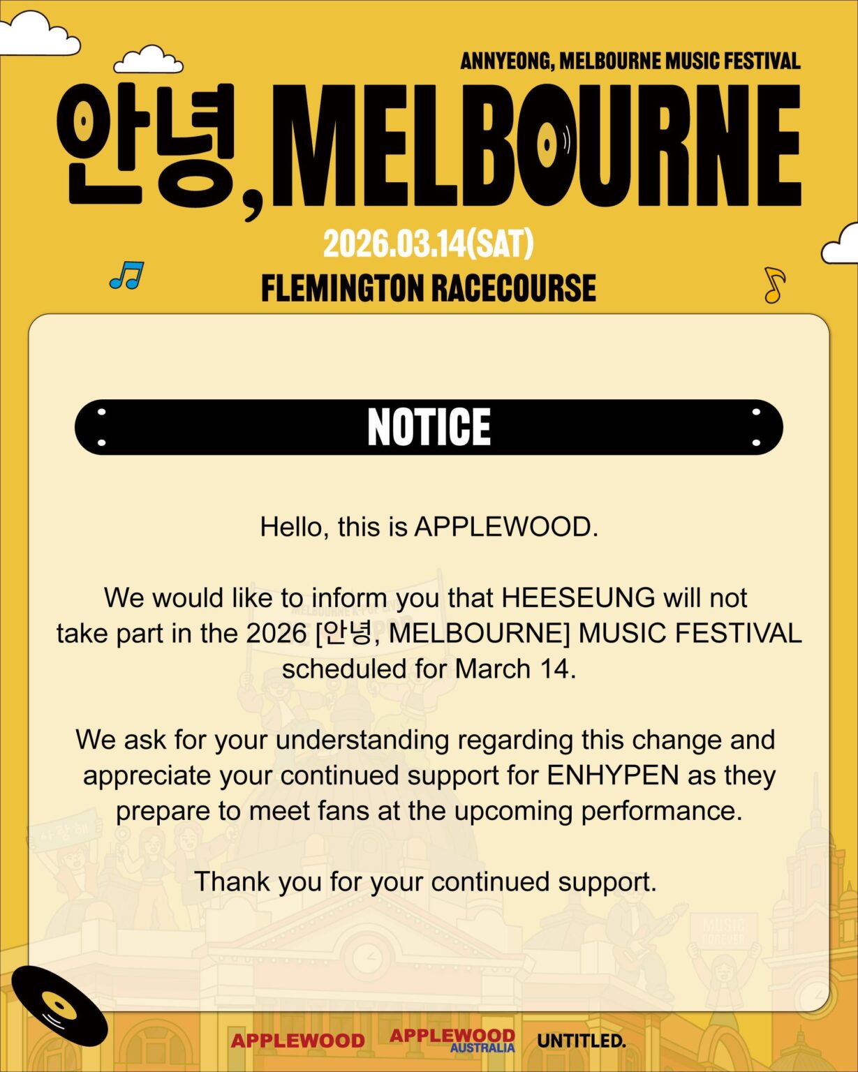 تم تأكيد عدم قيام HEESEUNG بأداء مع ENHYPEN في مهرجان ANNYEONG، MELBOURNE MUSIC FESTIVAL لعام 2026 في 14 مارس.