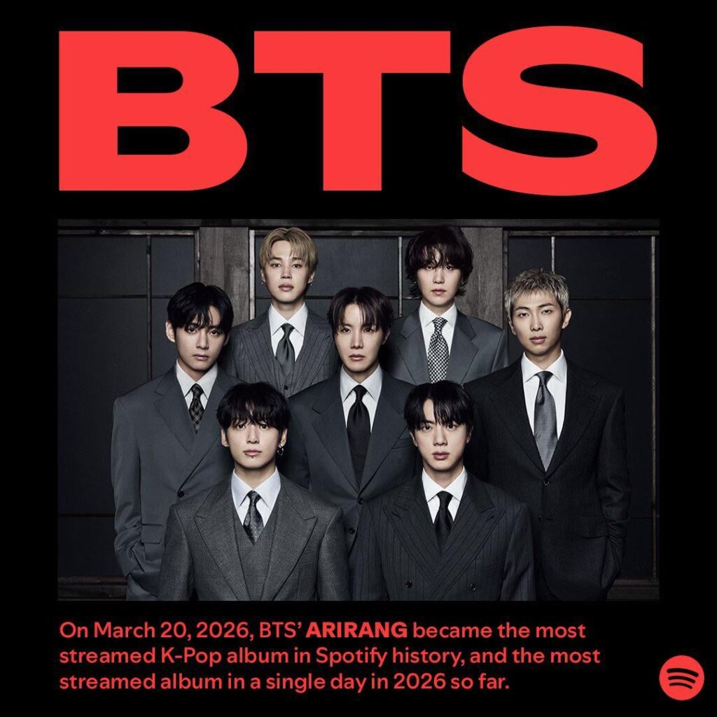 أصبح “ARIRANG” لفرقة BTS هو ألبوم K-Pop الأكثر بثًا في تاريخ Spotify والألبوم الأكثر بثًا في يوم واحد في عام 2026. أصبح "ARIRANG" لفرقة BTS هو ألبوم K-Pop الأكثر بثًا في تاريخ Spotify والألبوم الأكثر بثًا في يوم واحد في عام 2026.