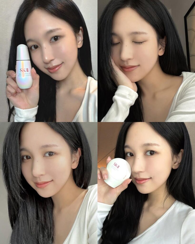 260330 تحديث Mina Instagram - مجموعة يومية جديدة للبشرة ☁️✨ 🤍 GenOptics Infinitaura Essence لبشرة ناعمة ومشرقة وشفافة. 🌸 GenOptics CC Primer باللون الوردي لتوهج يدوم طوال اليوم. 🍃 ظل أخضر جديد قادم أيضًا 👀