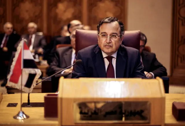  فهمي يرتدي بدلة رسمية تبدو كحلية اللون وقميصاً أبيض وربطة عنق حمراء ونظارات طبية، بشرته تميل إلى السمرة. يبدو كبيراً في السن لكن شعره لونه أسود. يجلس على طاولة اجتماعات وكتب أمامه (جمهورية مصر العربية) وخلفه عدد من الأشخاص.