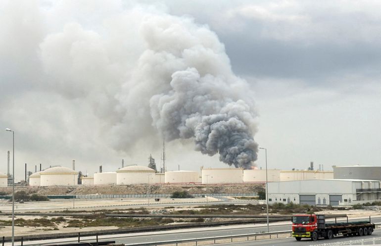 Smoke rises following a strike on the Bapco Oil Refinery, amid the U.S.-Israeli conflict with Iran, on Sitra Island Bahrain, March 9, 2026. Picture taken with a mobile phone. REUTERS/Stringer TPX IMAGES OF THE DAY REFILE - UPDATING LOCATION IN HEADLINE