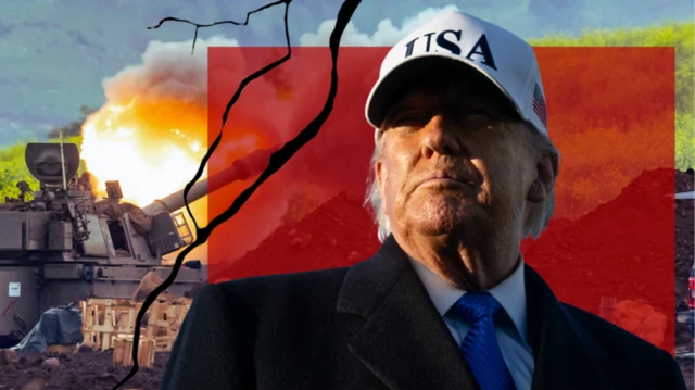 صورة مركبة لترامب يرتدي بدلة سوداء ورابطة عنق زرقاء وكاب أبيض عليه كلمة الولايات المتحدة وخلفه مدفع يطلق النار