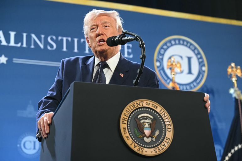 US President Donald Trump speaks during the Republican Members Issues Conference at Trump National Doral in Miami, Florida, on March 9, 2026.