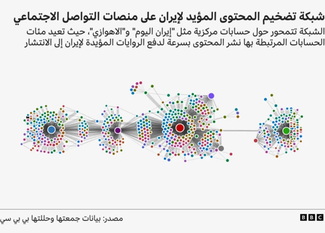 يوضح هذا الرسم الشبكي كيفية تفاعل الحسابات عبر إعادة النشر وتضخيم المحتوى. تمثل العقد المركزية الحسابات الرئيسية التي تُنتج المحتوى، بينما تقوم مجموعات من الحسابات المحيطة بإعادة نشره على نطاق واسع. ويكشف هذا الهيكل عن نمط تضخيم منسق يهدف إلى زيادة انتشار روايات معينة على المنصة.
