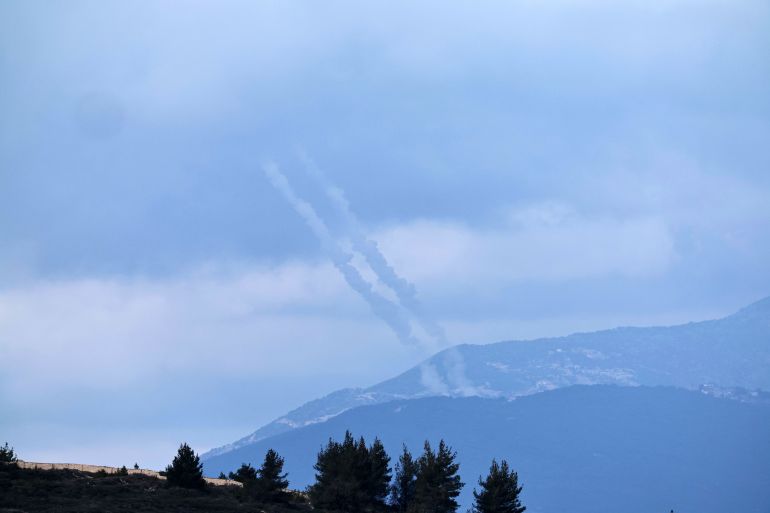 epa12794603 A trial of missiles fired from Lebanon toward targets in northern Israel as seen from the upper Galilee on the Israel-Lebanon border, 04 March 2026 EPA/ATEF SAFADI