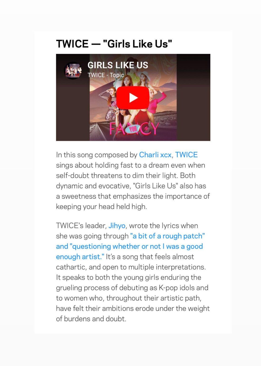 260321 تحديث تويتر TwiceChartDatas - ذكرت جائزة جرامي أغنية "Girls Like Us" لفرقة TWICE كواحدة من أغاني الكيبوب التي تحتفي بقوة المرأة وأصالتها.