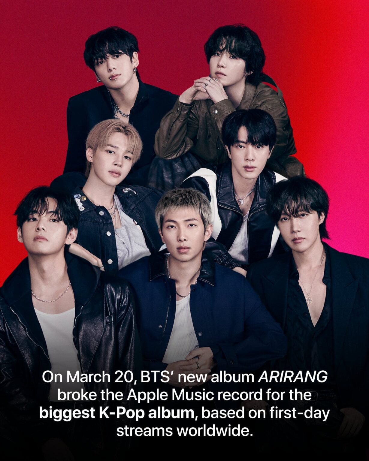 حطم ألبوم “ARIRANG” لفرقة BTS الرقم القياسي لأكبر ألبوم بوب لفرقة وأكبر ألبوم كوري، استنادًا إلى عمليات البث في اليوم الأول، على Apple Music. حطم ألبوم "ARIRANG" لفرقة BTS الرقم القياسي لأكبر ألبوم بوب لفرقة وأكبر ألبوم كوري، استنادًا إلى عمليات البث في اليوم الأول، على Apple Music.
