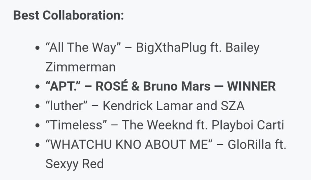 260326 روزيه وبرونو مارس - "APT." فازت بجائزة "أفضل تعاون"، وروزيه تفوز بجائزة "أفضل فنانة كيبوب لهذا العام" وجيني - "روبي" تفوز بجائزة "ألبوم الكيبوب لهذا العام" في حفل توزيع جوائز iHeart Radio Music Awards لعام 2026