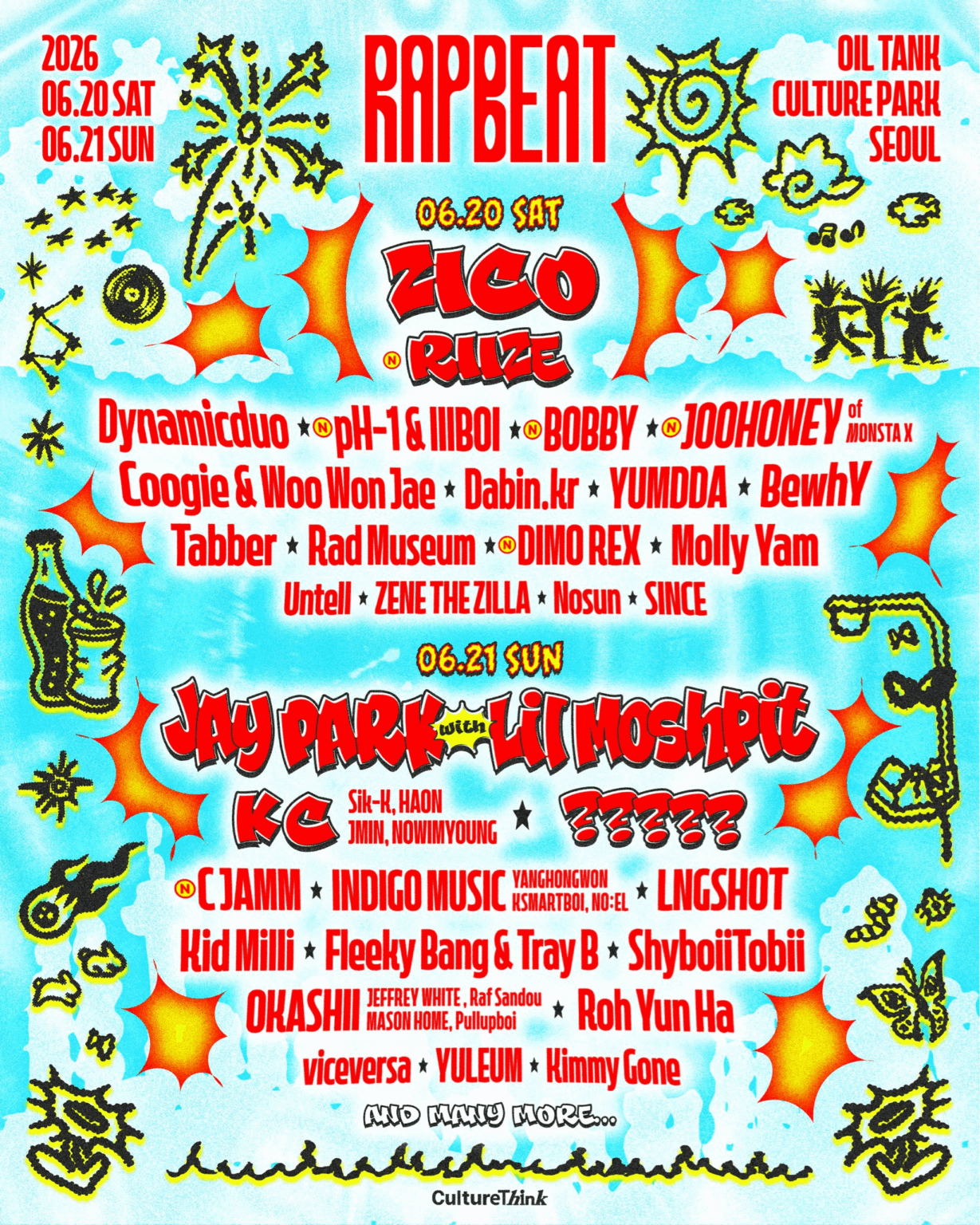 Zico (Block B)، RIIZE، Dynamicduo، Bobby (iKON)، Joohoney (MONSTA X)، Coogie & Woo Won Jae، BewhY، DIMO REX (Bang Yedam، TREASURE السابق)، Jay Park مع Lil Moshpit، LNGSHOT، Kid Milli، والمزيد تم الإعلان عنهم في قائمة مهرجان RAPBEAT 2026