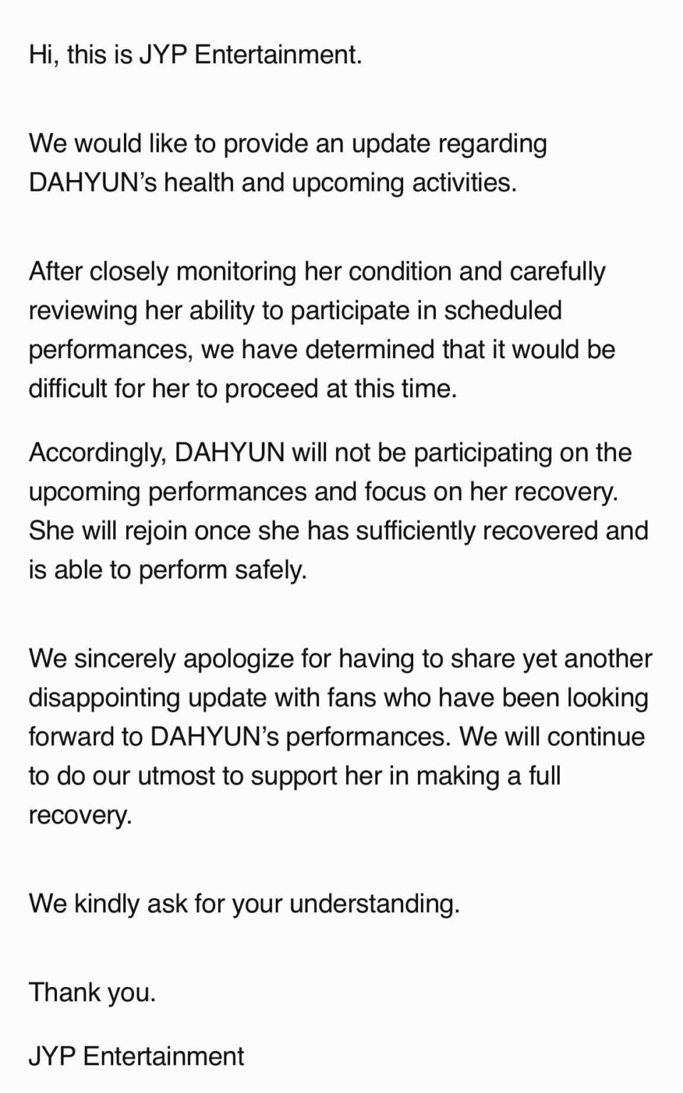 260325 تحديث معجبي توايس - داهيون ستغيب عن الجداول القادمة