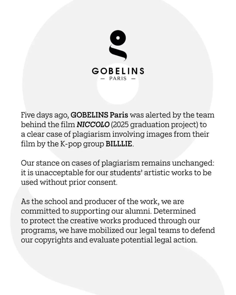 تقوم GOBELINS Paris بتقييم الإجراء القانوني المحتمل ضد MYSTIC STORY / Billlie بتهمة الانتحال