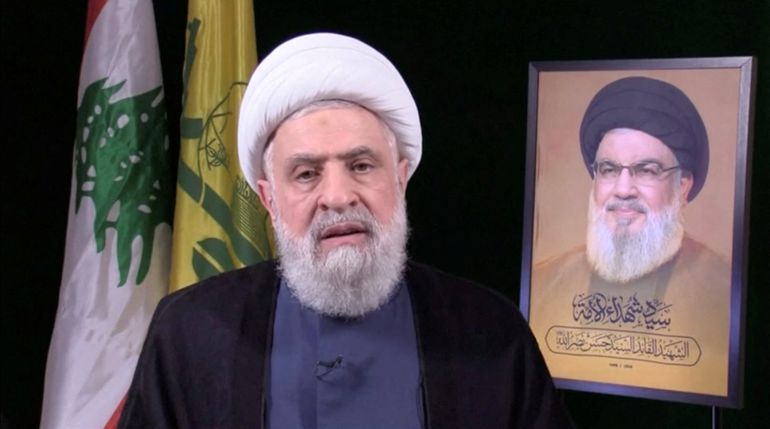 Lebanon's Hezbollah new leader Sheikh Naim Qassem delivers a speech from an unknown location, October 30, 2024 in this still image from video. REUTERS TV/Al Manar TV via REUTERS THIS IMAGE HAS BEEN SUPPLIED BY A THIRD PARTY. MANDATORY CREDIT