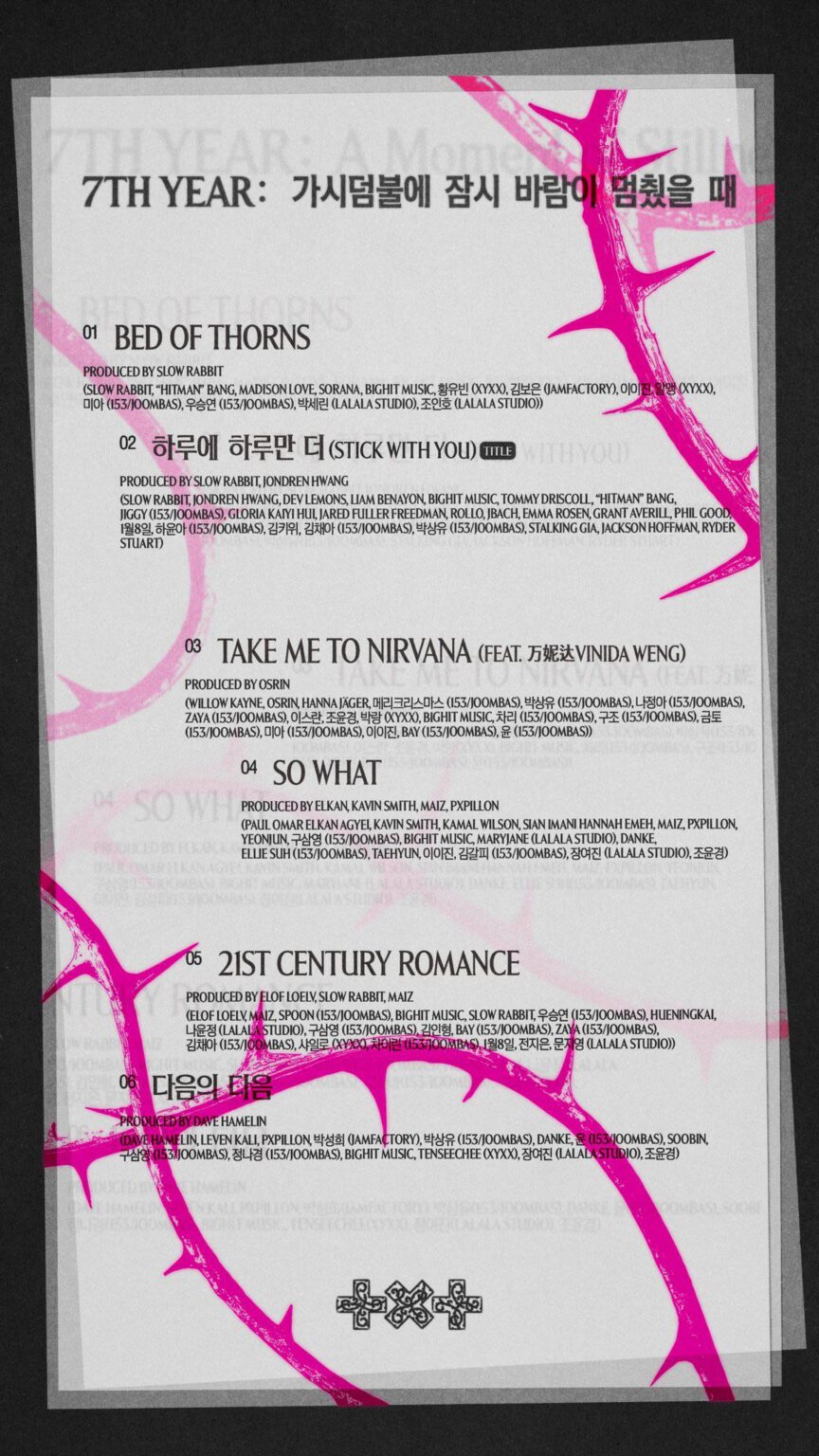 TXT (TOMORROW X TOGETHER) – الألبوم المصغر الثامن ‘7TH YEAR: A Moment of Stillness in the Thorns’ (قائمة الأغاني) TXT (TOMORROW X TOGETHER) - الألبوم المصغر الثامن '7TH YEAR: A Moment of Stillness in the Thorns' (قائمة الأغاني)