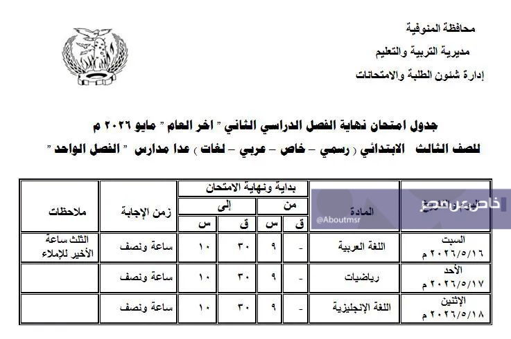 جداول امتحانات الترم الثاني 2026 