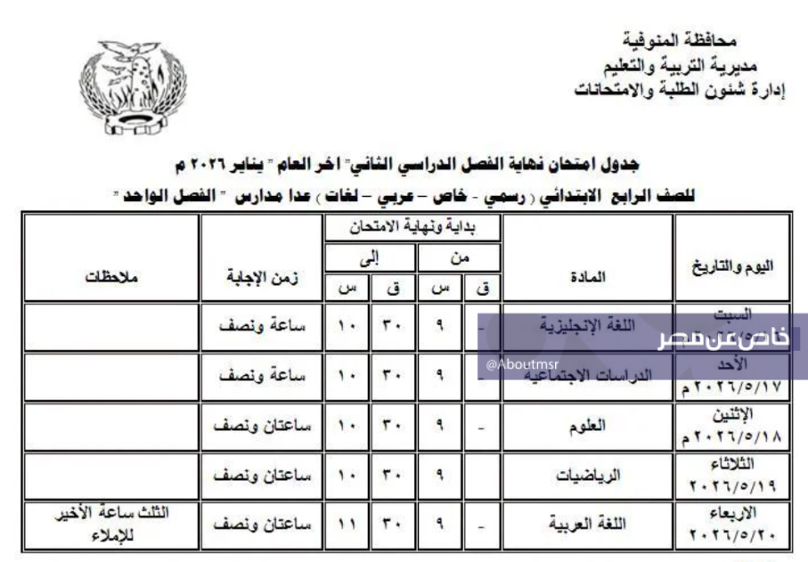 جداول امتحانات الترم الثاني 2026 