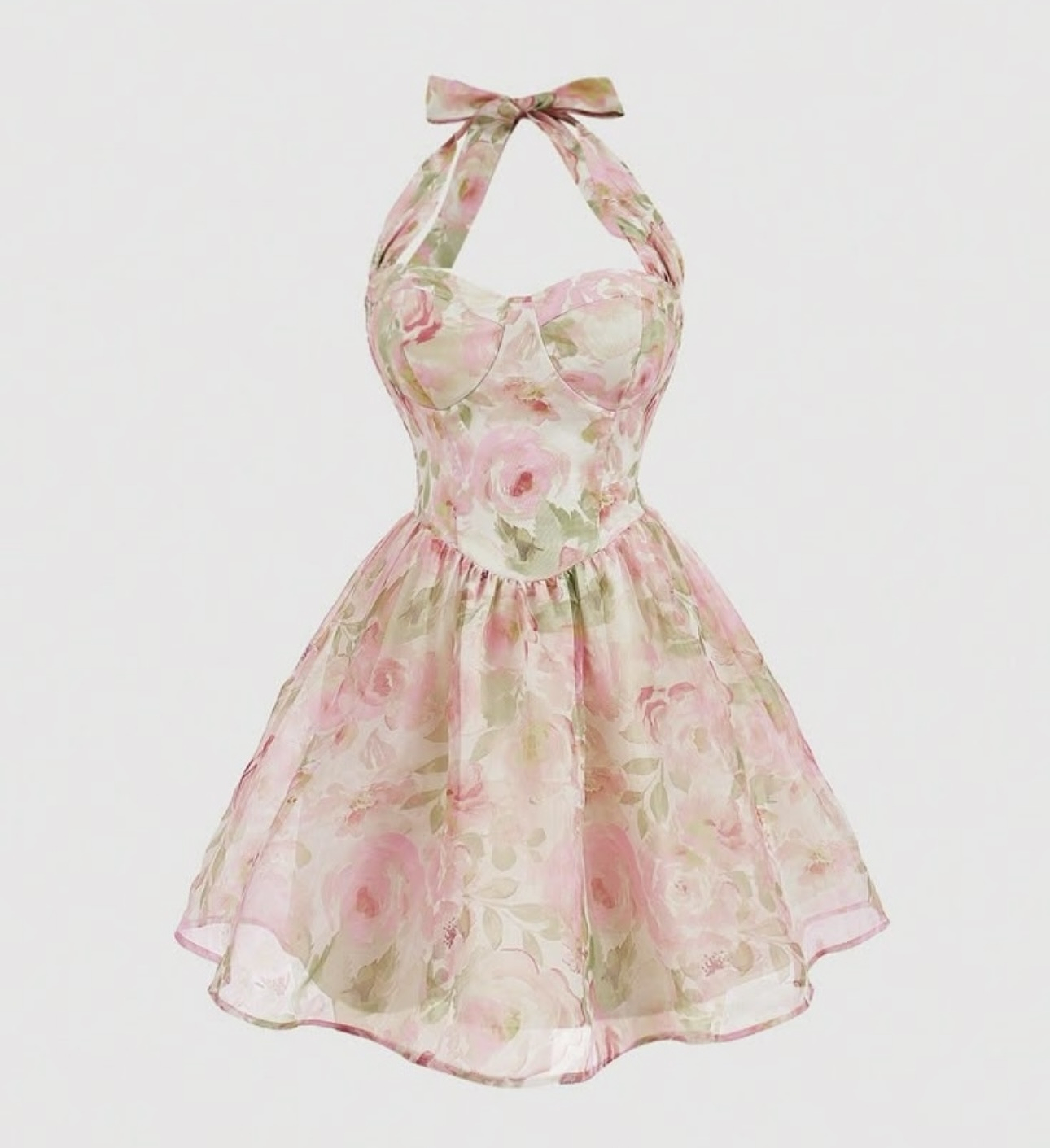 فستان هالتر نك من الأورغنزا مطبّع بالورود من Shein (إنستغرام)